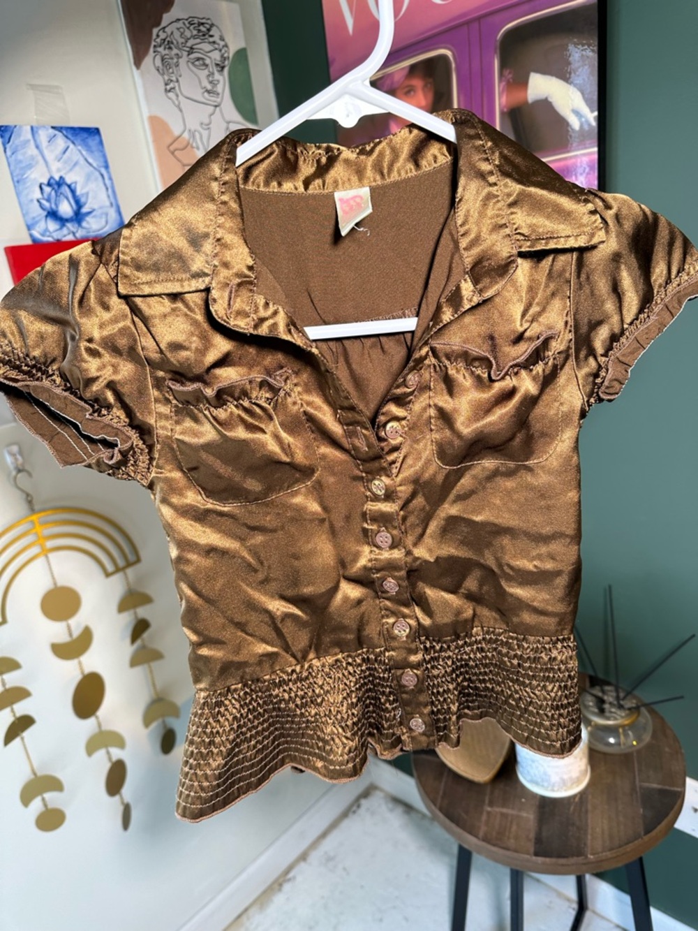 Satin Short-Sleeve Button-Front Blouse in Brown